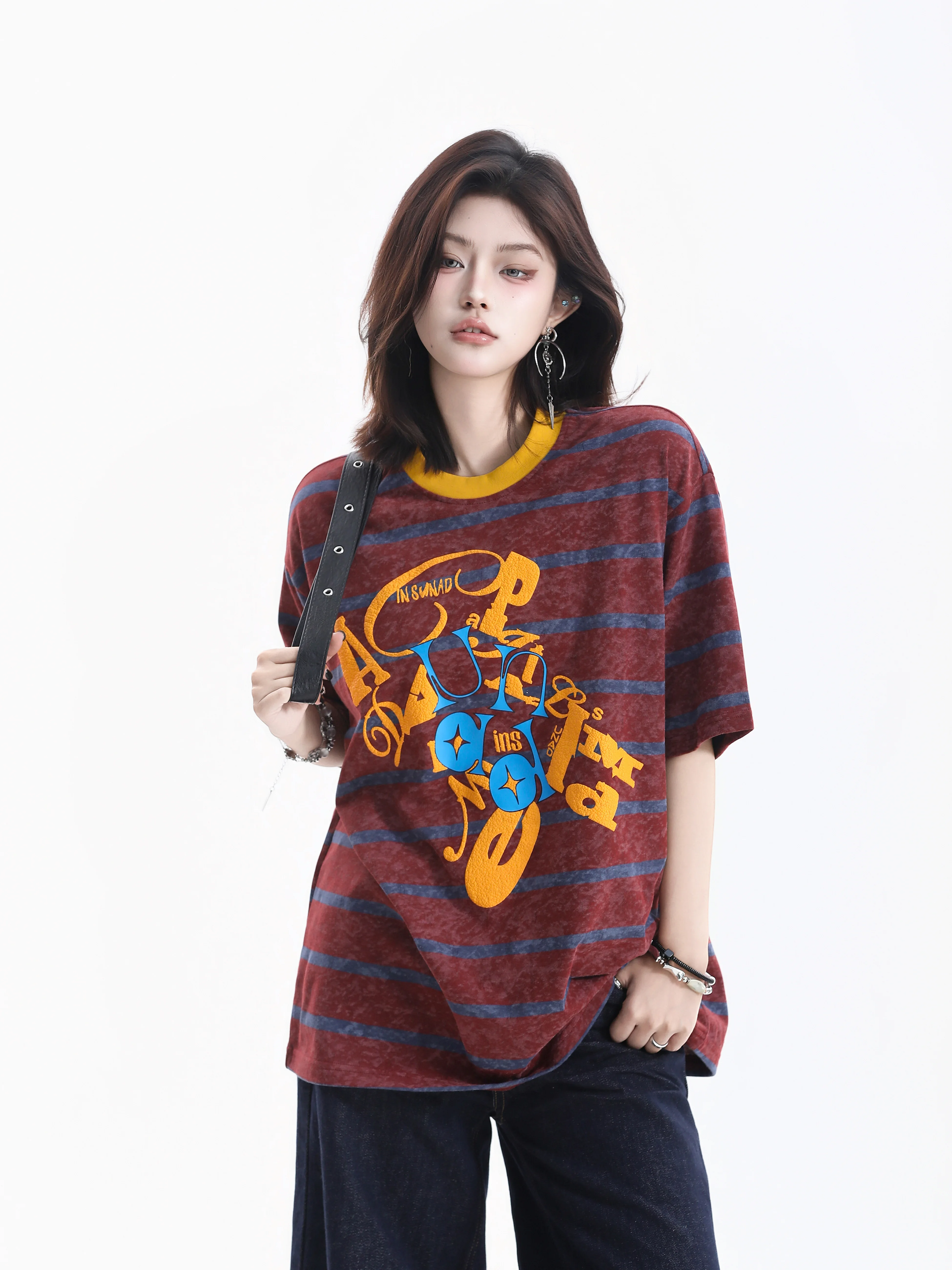 

Striped Short Sleeve T-Shirt Women's Slim Fit American Retro Neutral Color Block Casual Style Cotton High Street Fashion