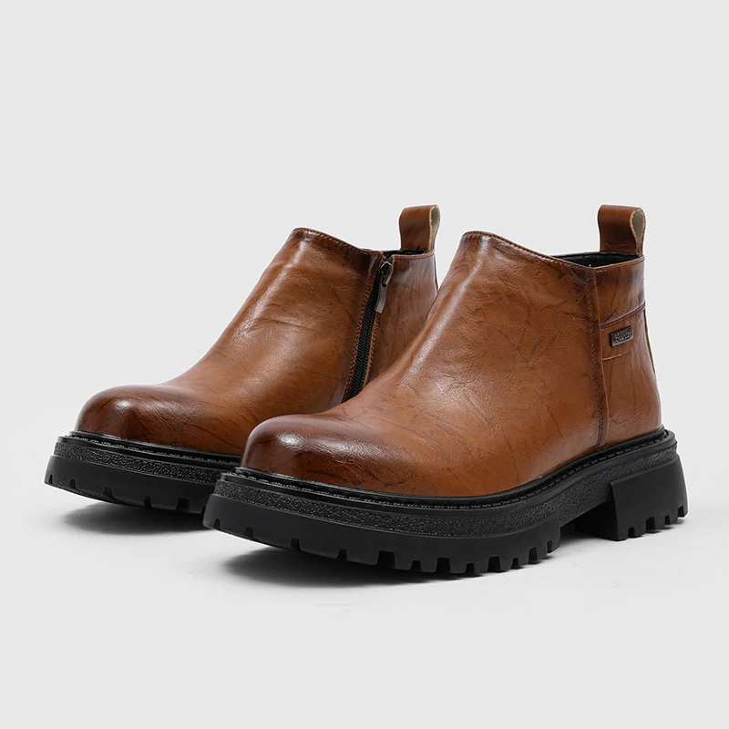 New Autumn  Winter Thick Soled Chelsea Boots with Retro Grip Pattern Raised Side Zipper High-quality  Fashionable Short Boots