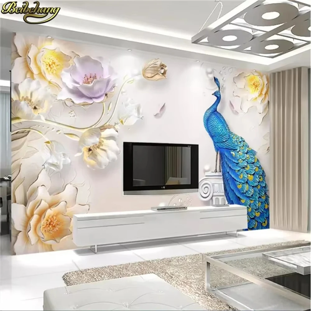 beibehang custom Embossed simple peacock floral Photo mural Wallpaper For Wall Painting Living Room Wall paper roll papier peint