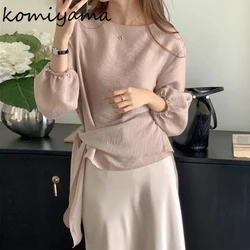 Side Lace-up Design Shirts & Blouses 2024 Woman Blusas Puff Long Sleeve Ropa Mujer Round Neck Camisas Korean Simple Blusa