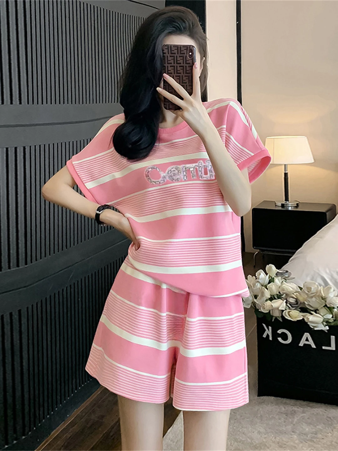 Summer 2026 Women's Fashion Slim Fit Diamond Embellished Letter Short Sleeve Striped Top And Loose Elastic Waist Shorts Set