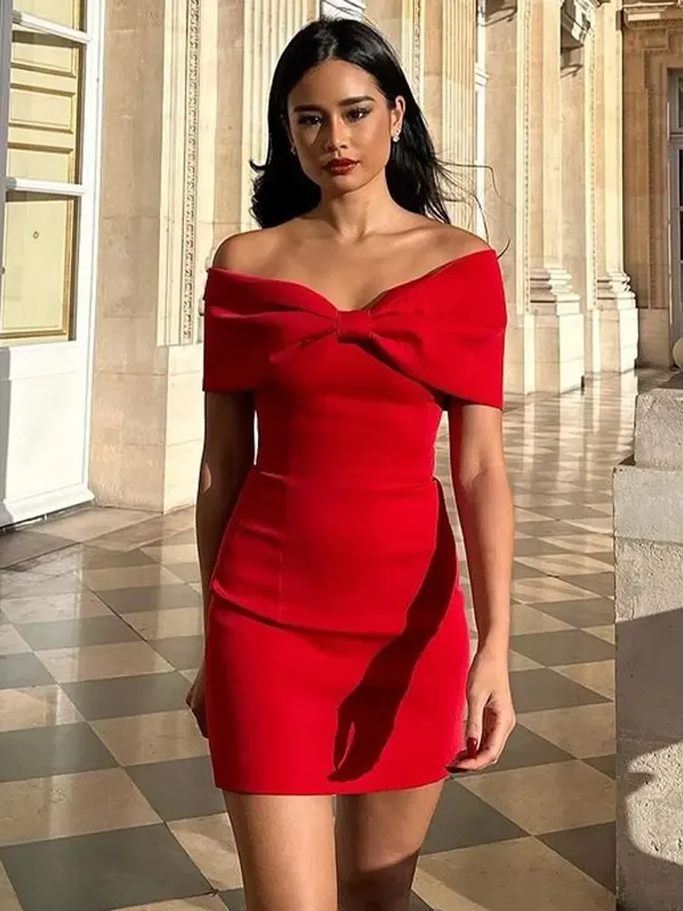 Fashion Red Bow Strapless Women Mini Dress Sexy Backless Sleeveless Bodycon Dresses 2024 Female Chic New Party Club Robes