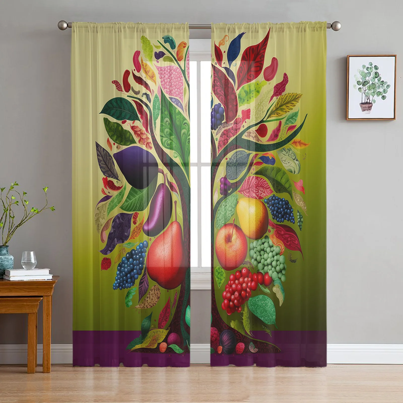 Fruit Tree Grape Leaf Apple Pear Tulle Window Treatment Sheer Curtains for Kitchen Living Room The Bedroom Curtains Decoration