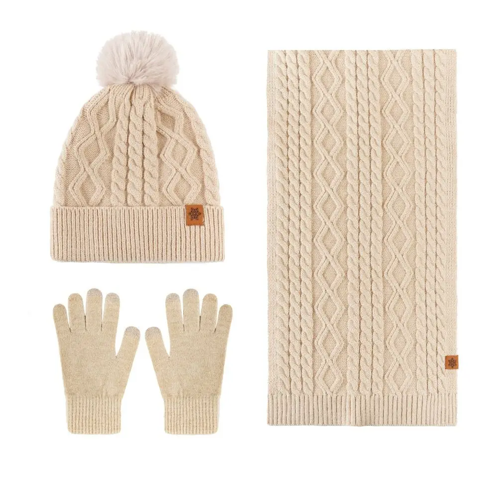 Thermal Protection 3-Piece Set Hat Scarf Gloves Set Twist Solid Color Winter Beanie Hat Thermal Wool Knitted Hat Women