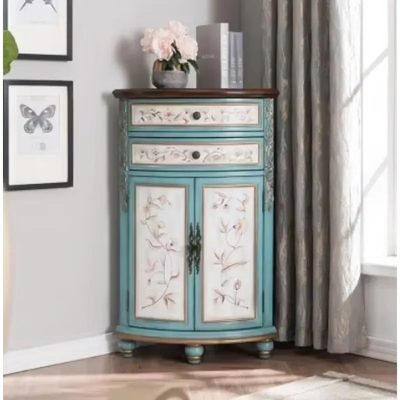 Walnut-Colored 90 Degree Right Angle Triangle Side Corner Cabinet Drop-Leaf Living Room and Kitchen Entry Shelf
