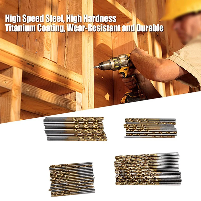 50Pcs 1/1.5/2/2.5/3mm Titanium Coated Drill Bits HSS High Speed Steel Drill Bits Set Power Tool for Woodworking Plastic Aluminum