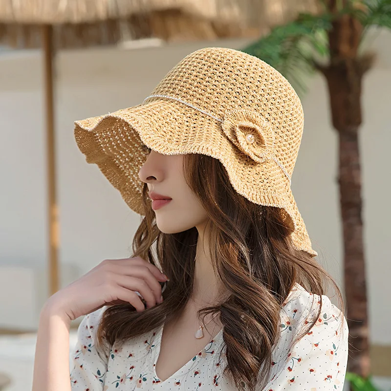 Black Hat Spring Summer Hat Korean Foldable Beach Straw Flower Leisure Sun Protuction Fisherman Bucket Hat for Women Panama Caps