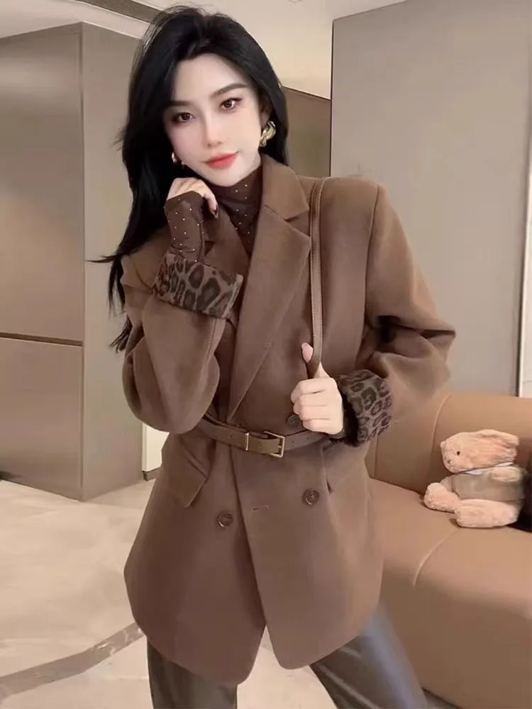 Retro Cuff Woolen Blazer for Women 2024 Autumn-Winter Elegant Waist-Cinching Thickened Lined Coat Trendy Office Look Hot Sale