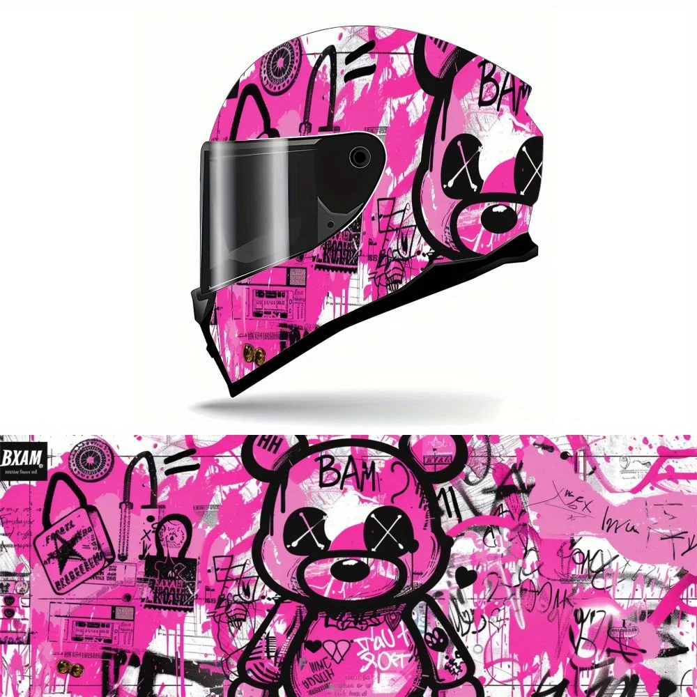 

Cool Pink Graffiti Teddy Bear Full Face Helmet Vinyl Wrap Sticker, Waterproof Scratch-Resistant Self-Adhesive PVC Decals, Artist