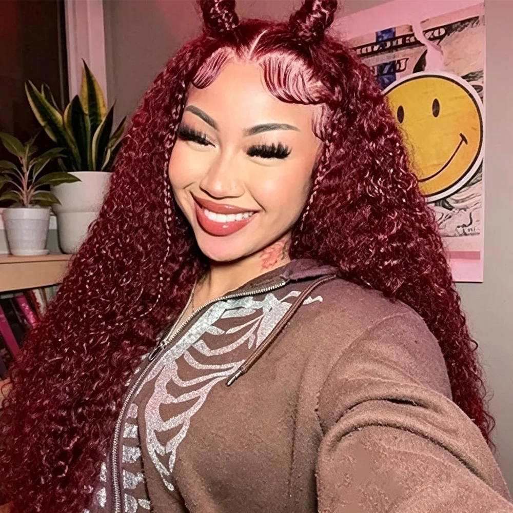 220% Density Burgundy 13x6 HD Lace Front Human Hair Wig Curly Red Colored Wigs 28 40 Inches Transparent Lace Deep Wave Frontal Wigs For Women
