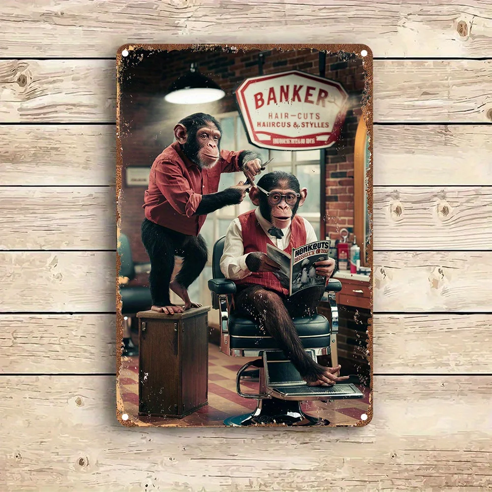Vintage Barber Shop Chimpanzee Scene Metal Sign -  Aluminum Wall Art, Retro Style Poster for Home, Office, or Salon Decor, Easy