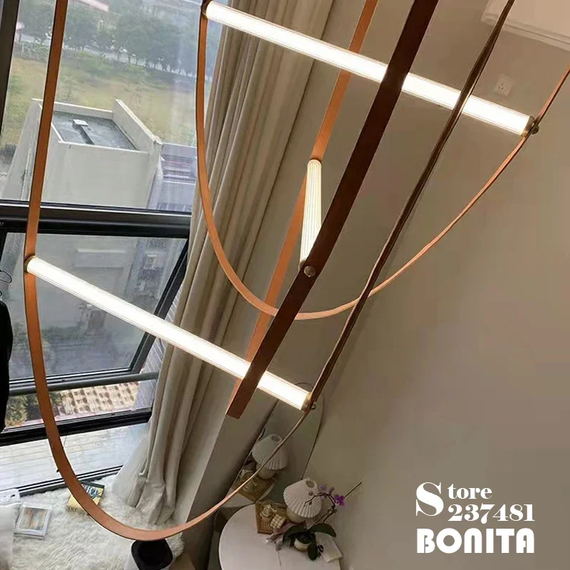 Stripes Led Tube Leather Belt Hanging Chandelier Living Room Dinning Room Staircase Morden Art 3 Heads Combination Pendant Lamp