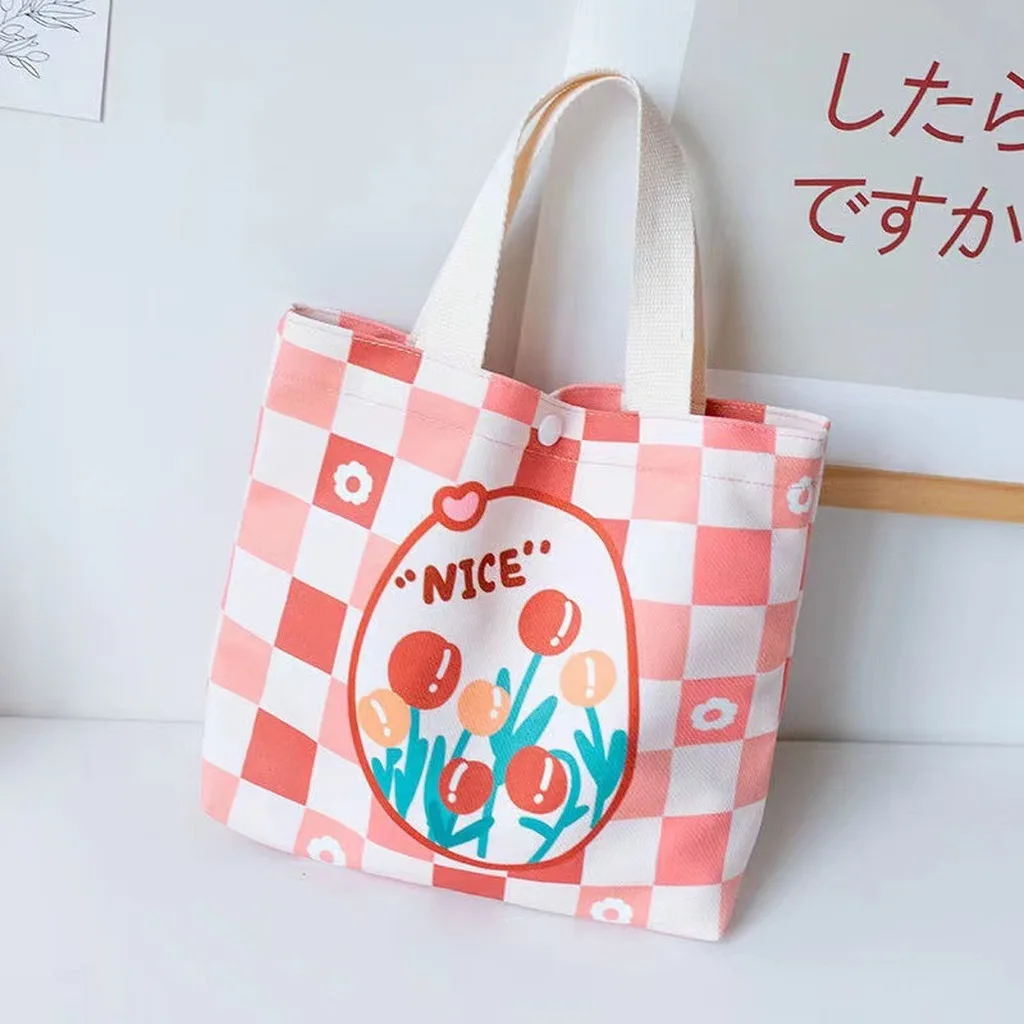 Cartoon Lunch Bag Cute Cotton Canvas Lunch Bag Casual Carry Bag Handheld For Snack Storage Students Short Trips