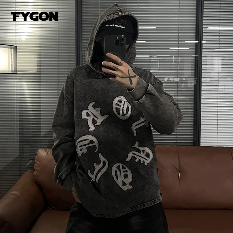 

Fygon Heavyweight Acid Washed Applique Embroidery Hoodies Oversized Vintage Drop Shoulder Men's Street French Terry Sweatshirts