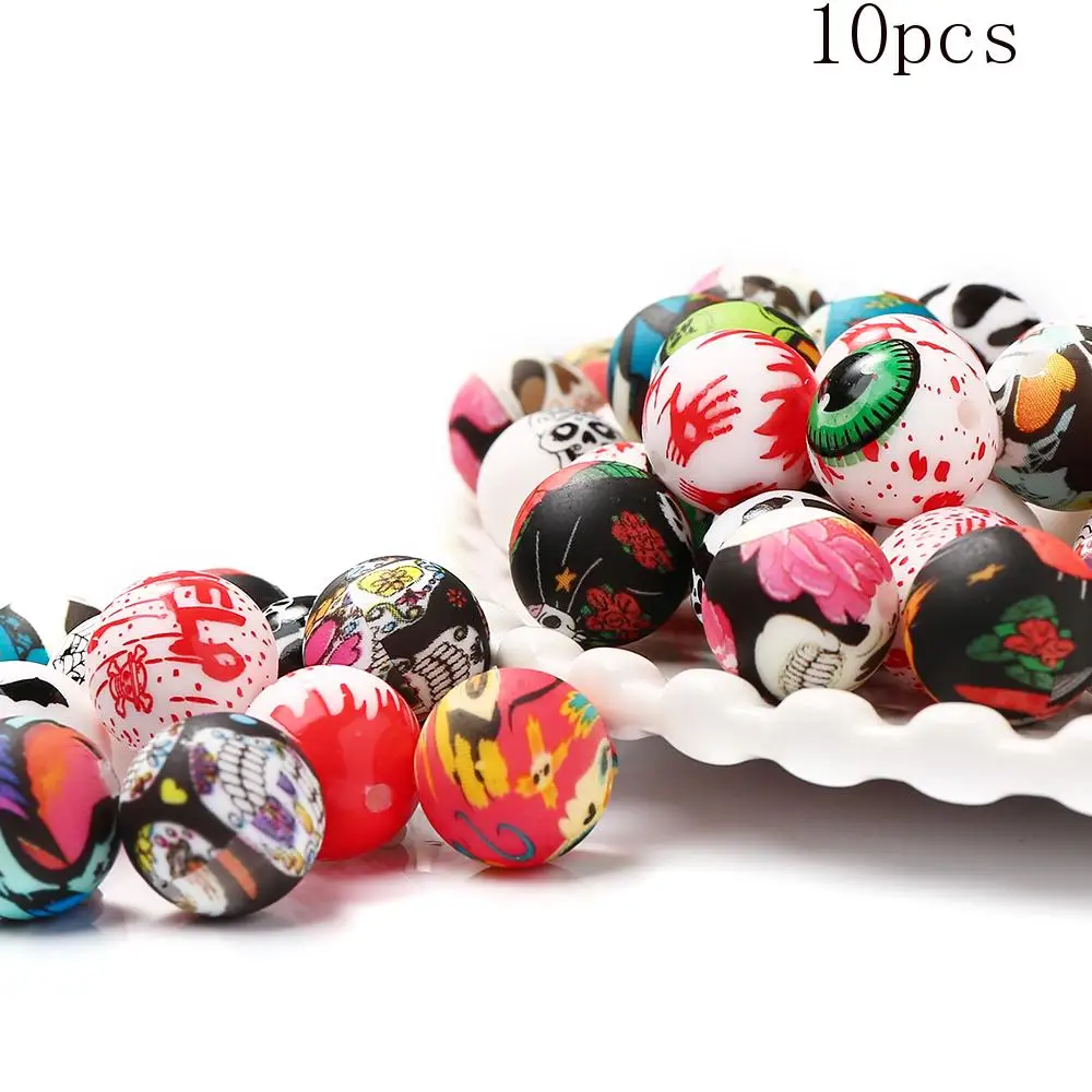 10Pcs Fashion Silicone Beads 15mm Round Halloween Print Focal Bead DIY Handmade Necklace Bracelet For Jewelry Making Accessories