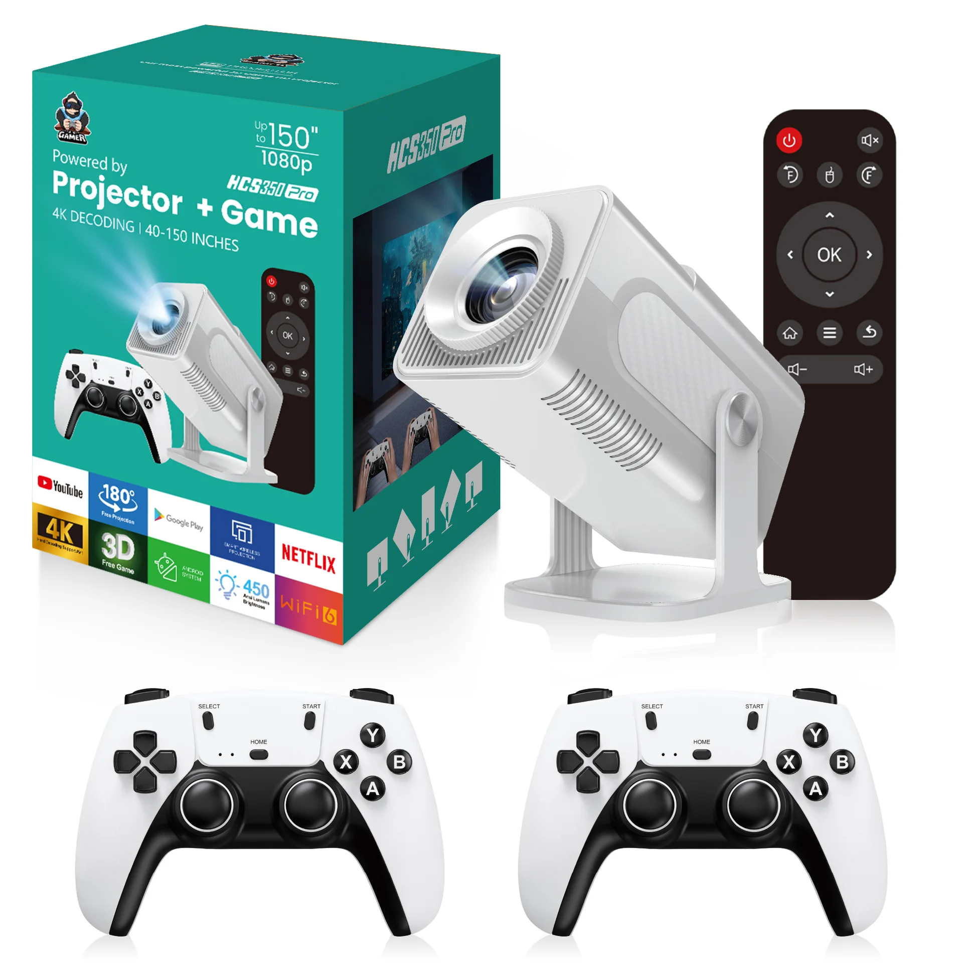 

White HCS350pro Retro video game consoles Android12.0 TV OS A53 system WIFI Portable Intelligent Projector 720p Home Projector
