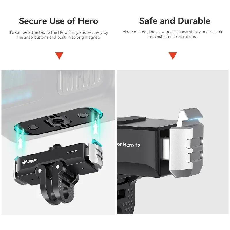 حامل مغناطيسي سريع الإصدار من AMagisn لـ GoPro Hero 13 باللون الأسود، مع فتحة لولبية 1/4 بوصة وحامل ثنائي الشق، ملحقات لـ Gopro 13