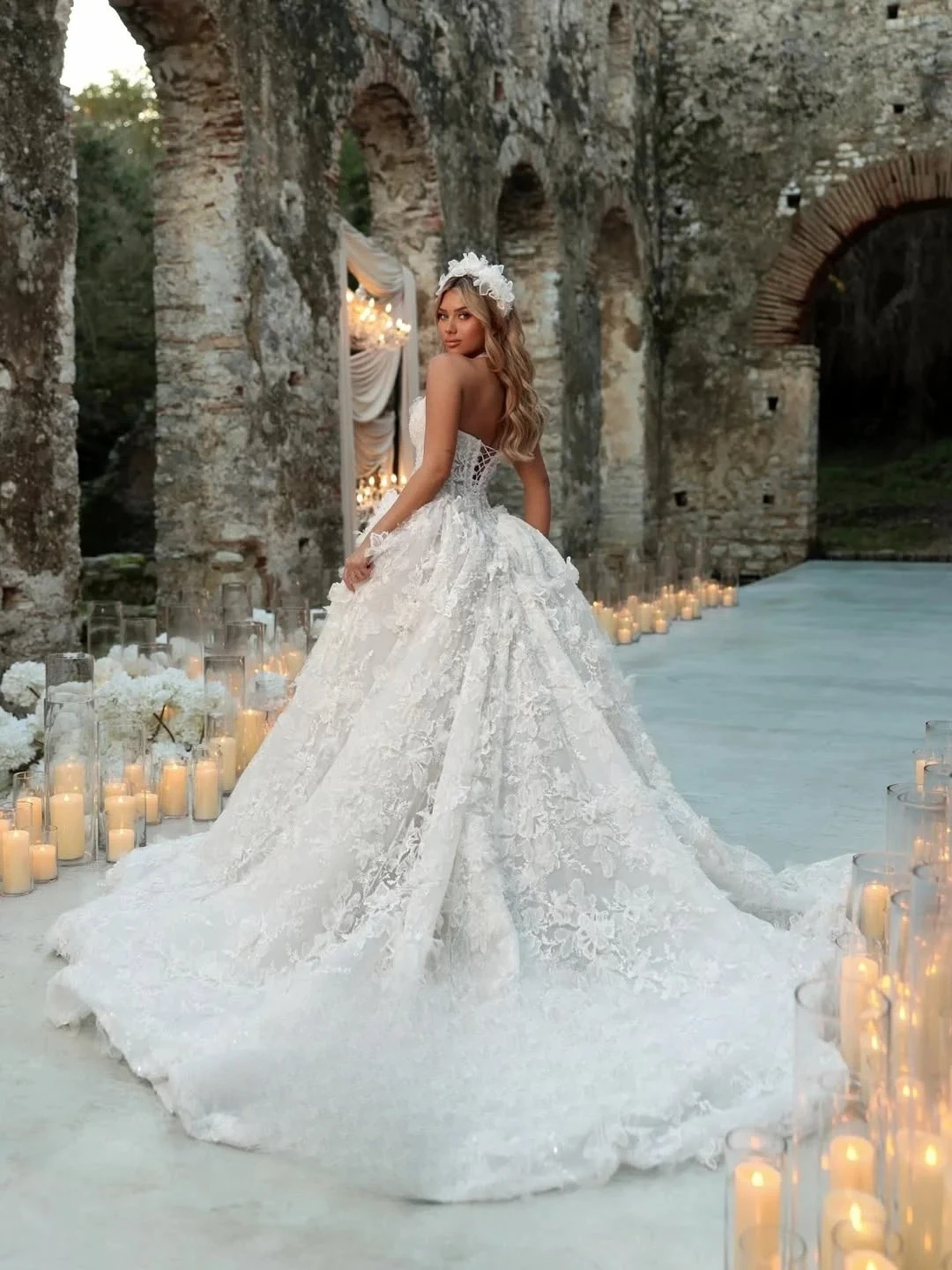 Luxury 3d Flowers Beaded Wedding Dresses Deep V Neck Puffy A-line Bridal Gown Customized Sweep Train Vestidos De Novia