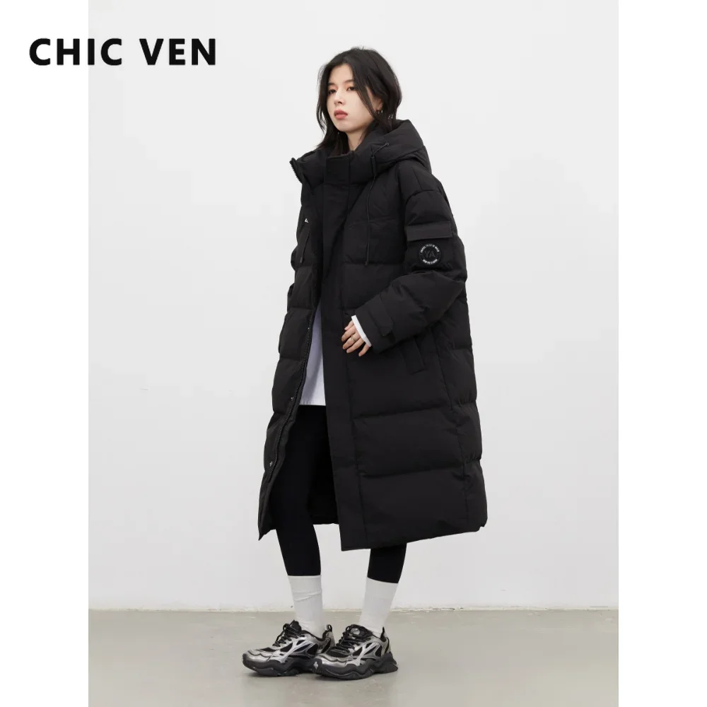 CHIC VEN Fashion Women Down Jackets Korean Contrast Hooded Loose 90 White Duck Down Long Coats Female Clothes Autumn Winter 2026