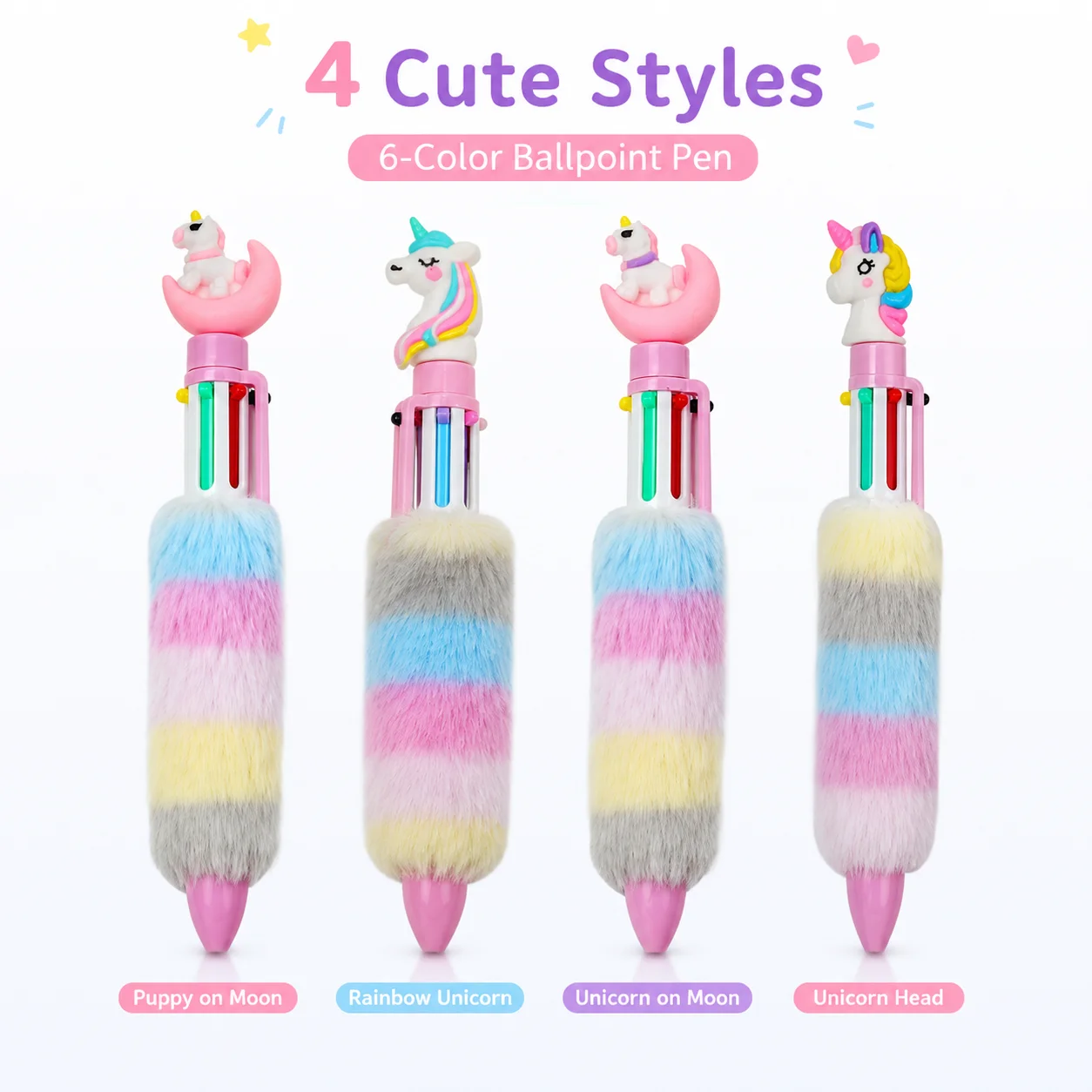 Cartoon Unicorn Plush Pen Set, 6-Color Click Pen for Kids, Cute Kawaii Journal Writing Pen for Students