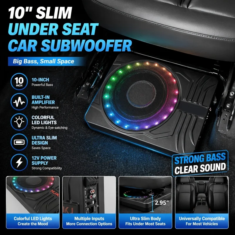 10Inch-thin under-seat subwoofer for car，Maximum Power1200W，Built-in amplifier，RGBColorLEDLamp，Heavy bass enhancement，Dc12VPower