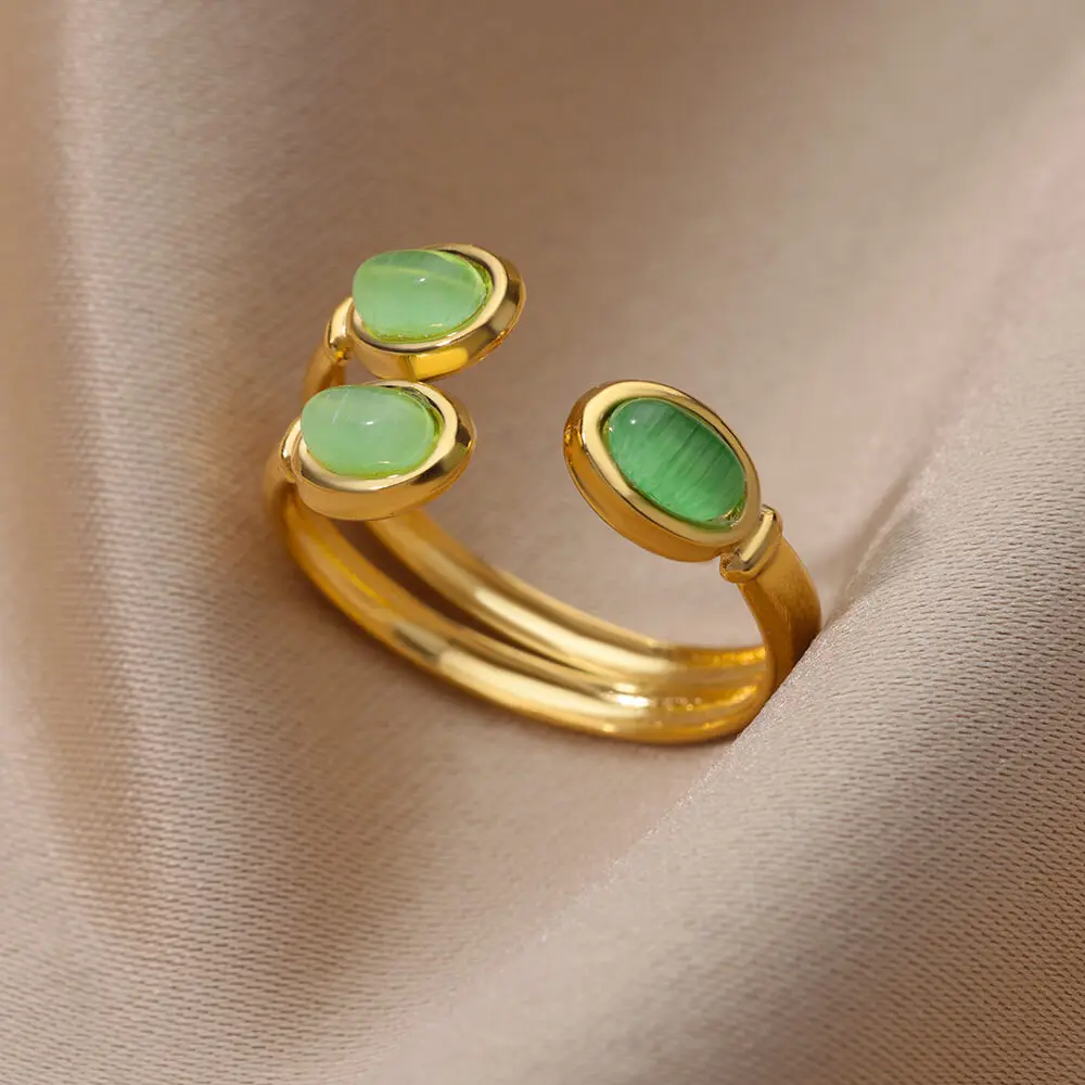 Green Stone Ring For Women Stainless Steel Gold Color Adjustable Stone Ring Wedding Aesthetic Fashion Jewelry Gift Accessories