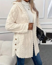 Women Argyle Textured Pattern Button Front Hooded Fleece Teddy Coat