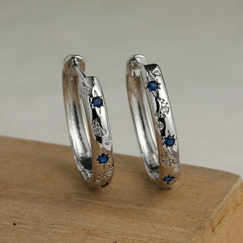 Silvery Blue Zircon Hoop Earrings For Women Star Moon Galaxy Starry Blue Zircon Luxury Jewelry Gifts 1Pair