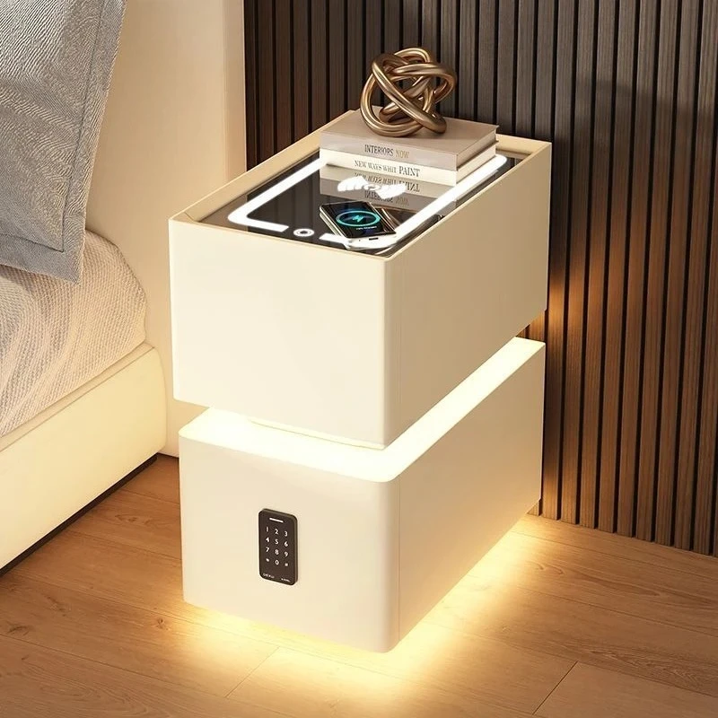 & Nordic Desinger Leather Ultra-narrow Nightstands Bedroom Furniture Smart Bedside Table with Light Home Wood Storage Gap Cabine