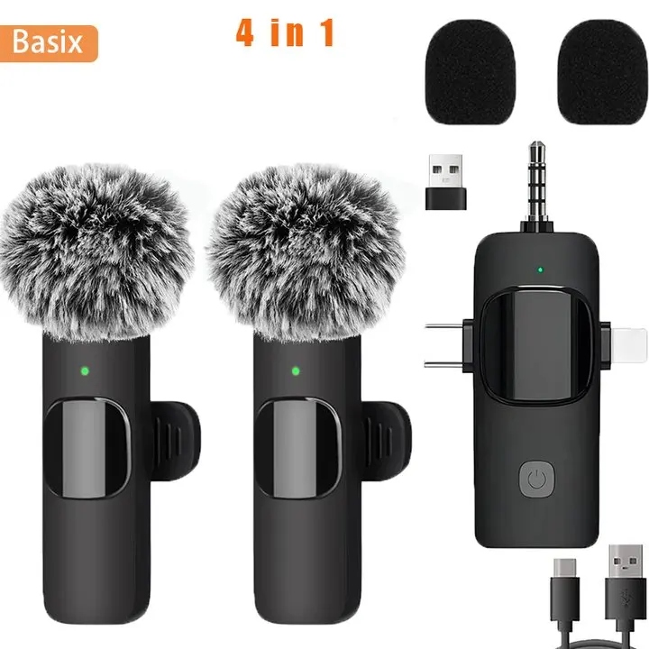 Basix Professionelles 4-in-1-Wireless-Lavalier-Mikrofon für iPhone und Android, 3,5 mm, für Live-Aufnahmen, Mini-Mikrofon mit Geräuschunterdrückung