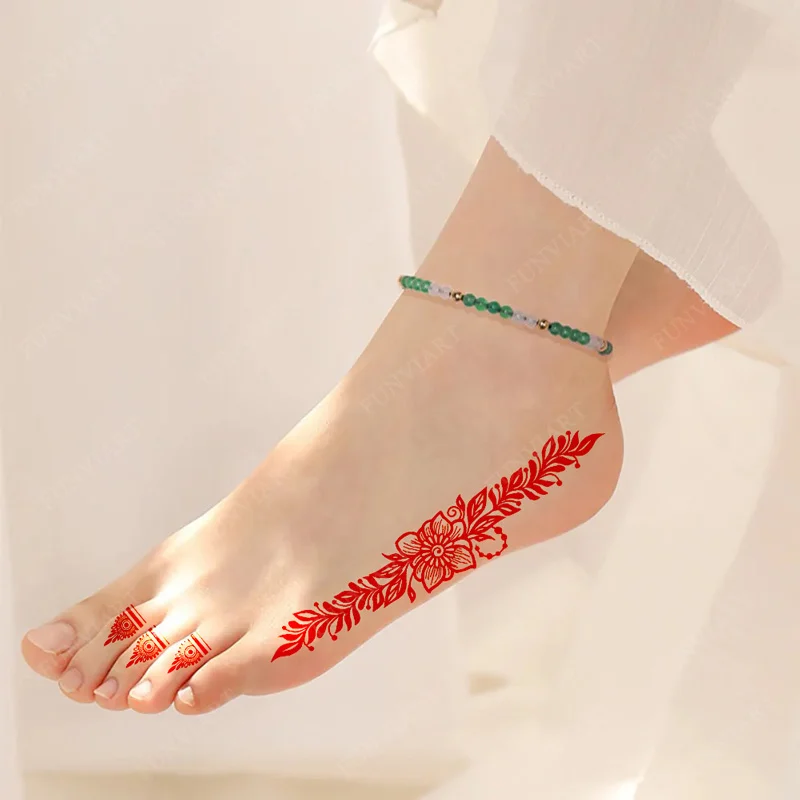 New Design Red Henna Tattoo Stickers for Hand Foot Flower Temporary Tattoos for Woomen Wedding Party Fake Tattoo Waterproof