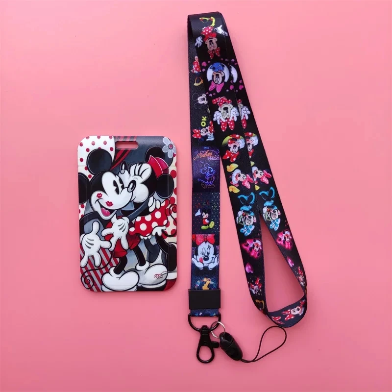 Disney dos desenhos animados mickey minnie meninas cordão id de crédito titular do crachá chaveiro saco estudante feminino viagem banco ônibus cartão de visita capa