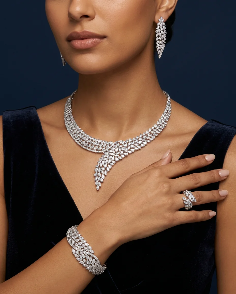 Bride Talk 4Pcs Leaf Fringe Cubic Zirconia Bridal Jewelry Set Silver Plated Necklace for Wedding Engagement Banquet