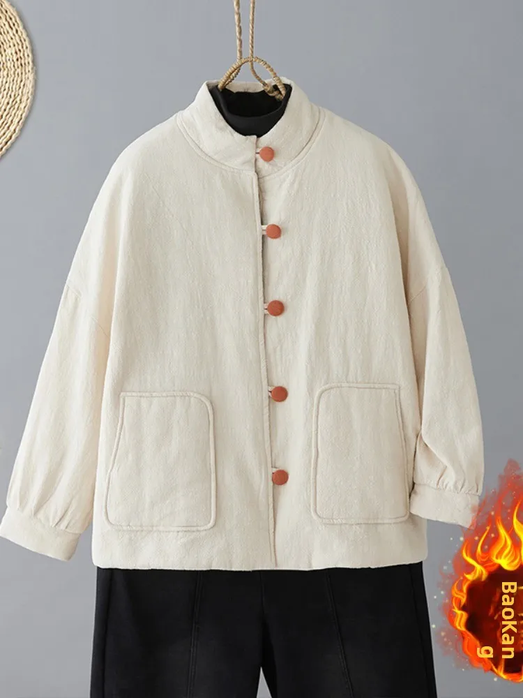 Ladies' Winter Cotton Linen Jacket with Button Closure Warmth Comfortable Women's Fashion Retro Style Coat Long Sleeve Stand ...