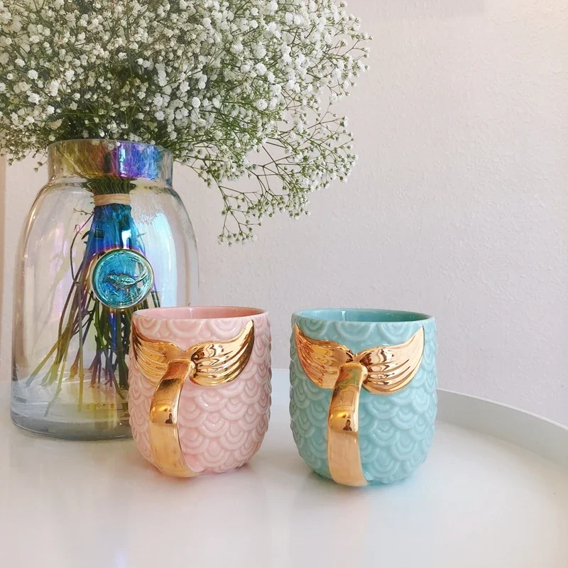 Creative Ceramic  Cartoon  Gold Handle Mermaid Tail Coffee Mug Cute Water Milk Tea Cup Drinkware Craft Gift