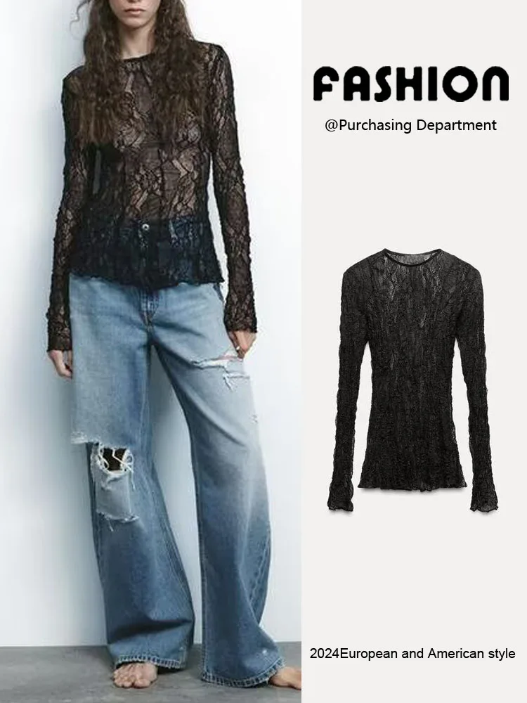 

Spring New Arrival Women's Slim Fit round Ne Long Sve Lace Top Versatile Commute Sle Thin Material Color irt