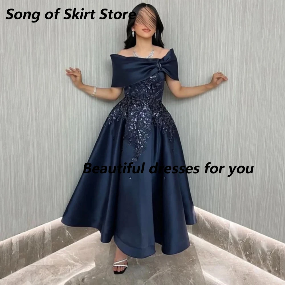 

Navy Blue Evening Dress Customized Off The Shoulder Applique Satin A Line Ankle Length Prom Gowns Formal Party Dresses