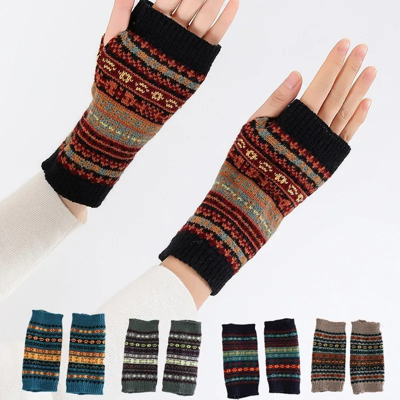 Comfortable Camouflage Bohemian Thickened Yarn Knitted Fingerless Gloves Arm Warmers Sleeves for Autumn Winter Cold Weather