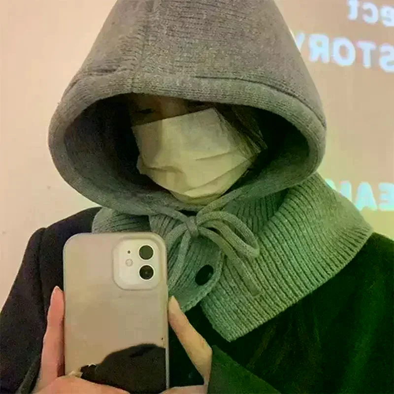Winter Balaclava Hat Warm Knitted Women's Hood Hat Solid Color One-piece Neck Pullover Cap Outdoor Cashmere Caps