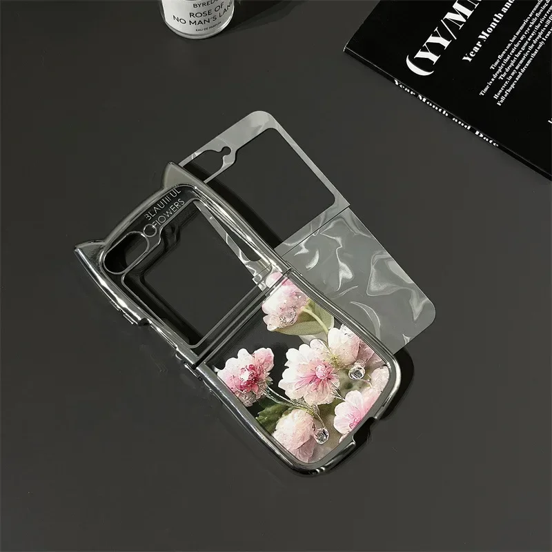 Retro Cat Ear Flower Phone Case for Samsung Galaxy Z Flip 6 5 4 3 Protective Back Cover for ZFlip4 ZFlip5 ZFlip6 Case Shell