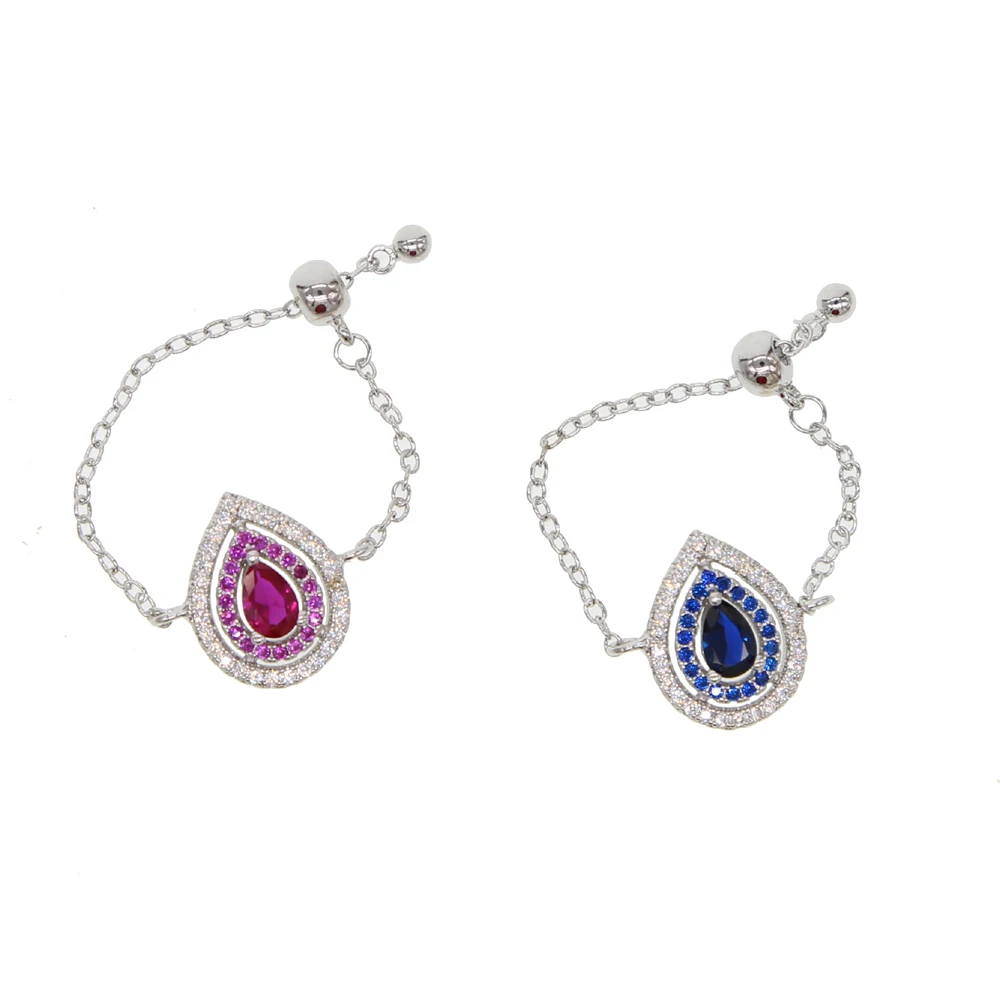 simple minimal fashion jewelry geometric cz tear drop square charm colorful cubic zirconia chain adjust ring