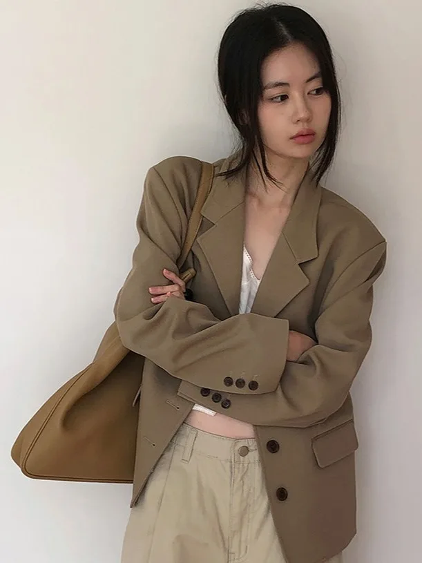 

Ele Khaki Color Women's Suit Jaet Single Button oulder Level Faionable Versatile Top Korean Sle Commute Suitable
