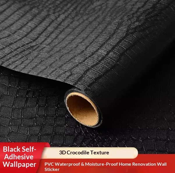 Black Crocodile Pattern Self-Adhesive Wallpaper Wardrobe Cabinet Home Renovation PVC Waterproof And Moisture-Proof Sticker