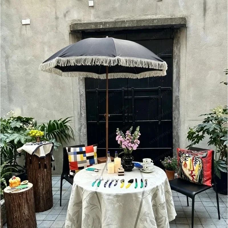 Tassel Umbrella, Patio Sun Shade with Fringe, Pool Terrace Sunscreen Parasol, Outdoor Roman Style Garden Umbrella for Summer