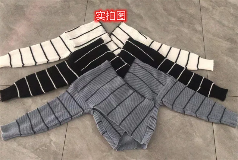 Elegant Cross V Neck Off The Shoulder Black White Striped Knitted Sweaters Women Sexy One Slim Irregular Crop Top 2024 Grey