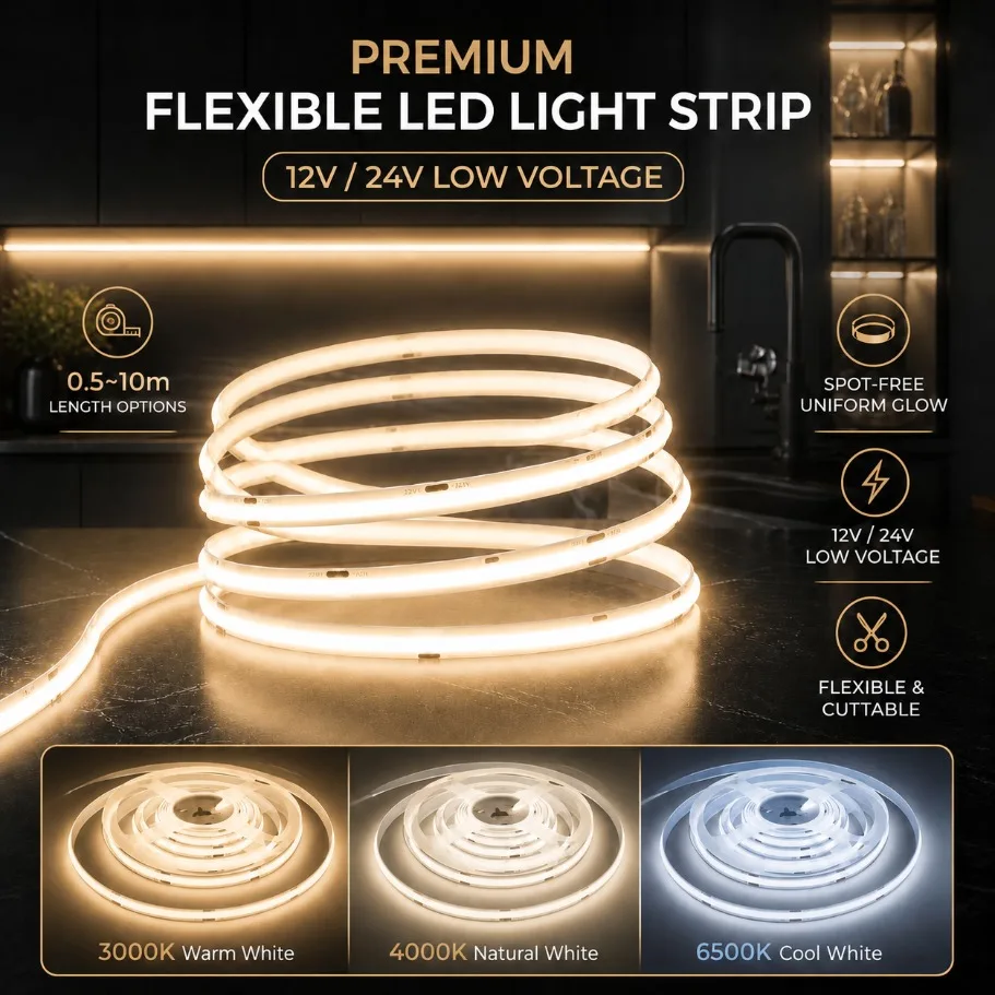 12V/24V High Bright 8mm Ultra Thin COB LED Strip 0.5‑10M Flexible LED Tape with DC 2Pin Plug Wire for Bedroom Living Room Decor