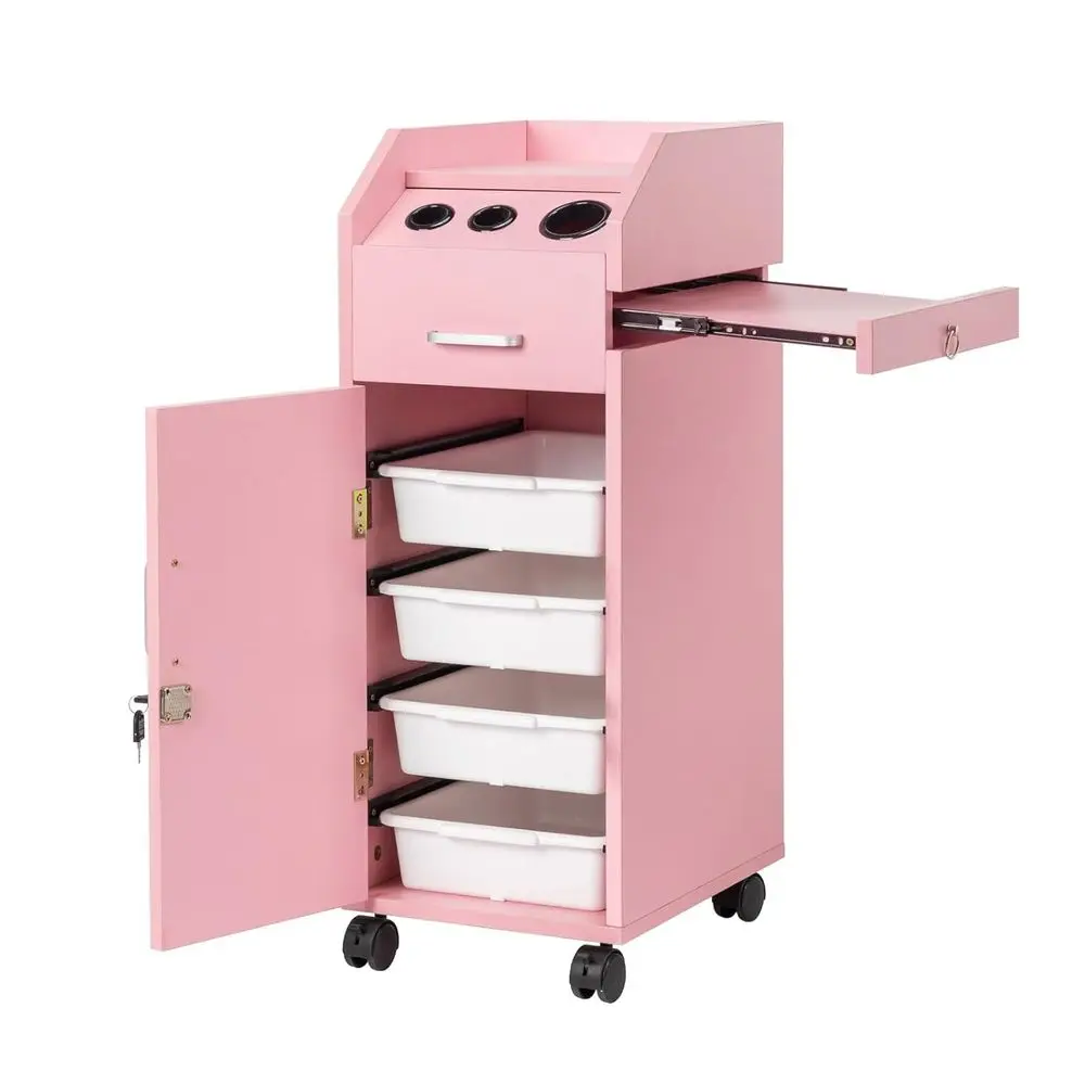 

Portable Hair Styling Cart with Wheels, 3 Dryer Holders, 4 Drawers, Lock & 2 Keys, Pink Makeup and Spa Utility Trolley