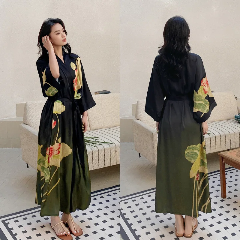 New Nightgown Women's Spring and Summer Thin Ice Silk Satin Atmospheric National Style Luxury Lace-up Morning Gown Loungewear