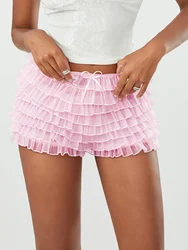 Women's Summer Solid Lace Ruffled Frilly Shorts Elastic Multi-Layer Mesh Short Pants Sweet Low Waist Bloomers Shorts Streetwear