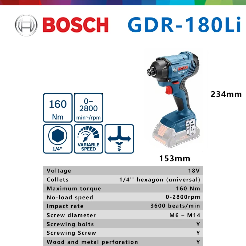 Bosch 18V Impact Screwdriver GDR 180Li Cordless Rechargeable Electric Screwdriver Electric Drill Electric Batch Bare Metal